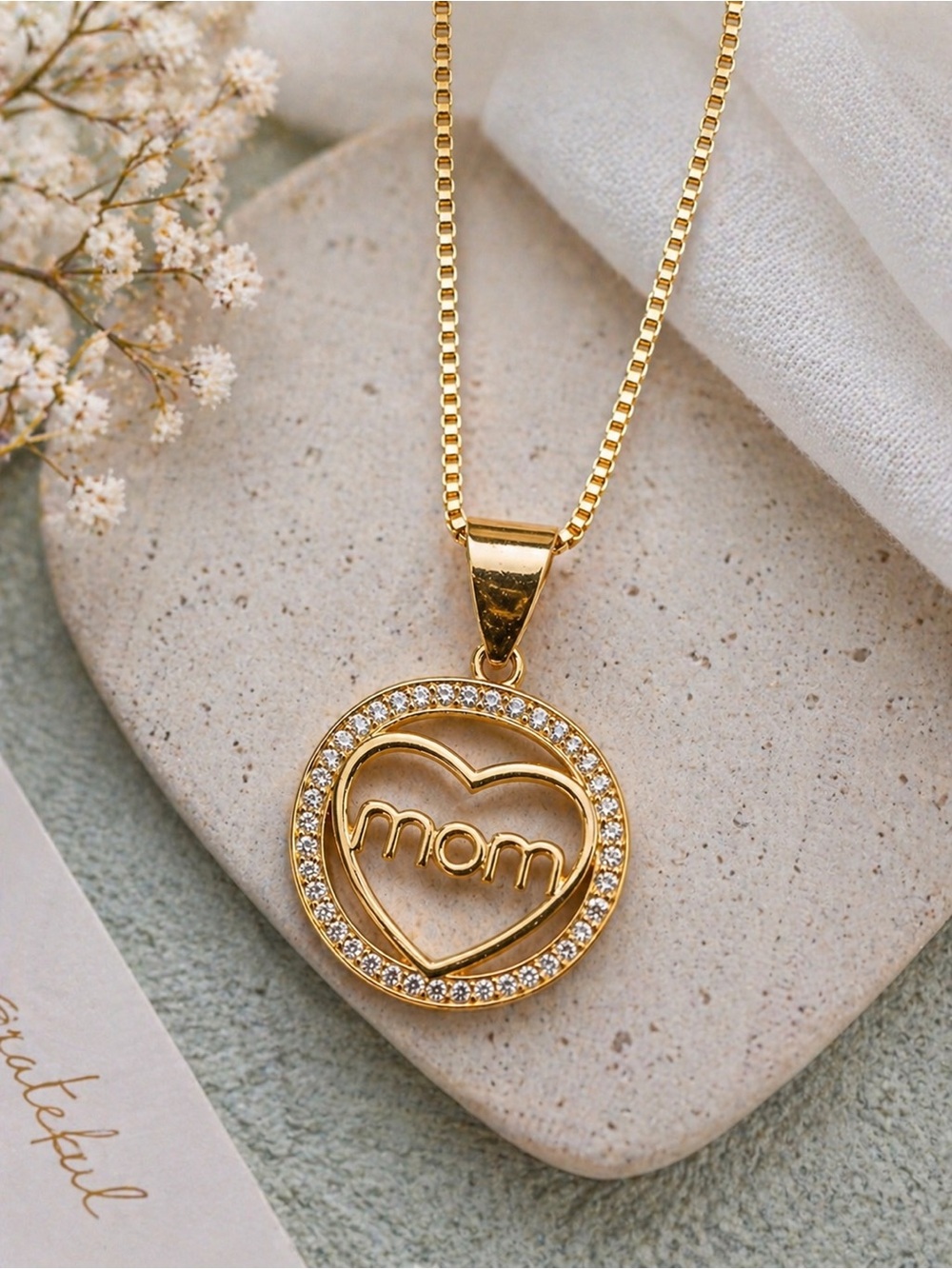 Gold 'Mom' Heart Pendant Necklace